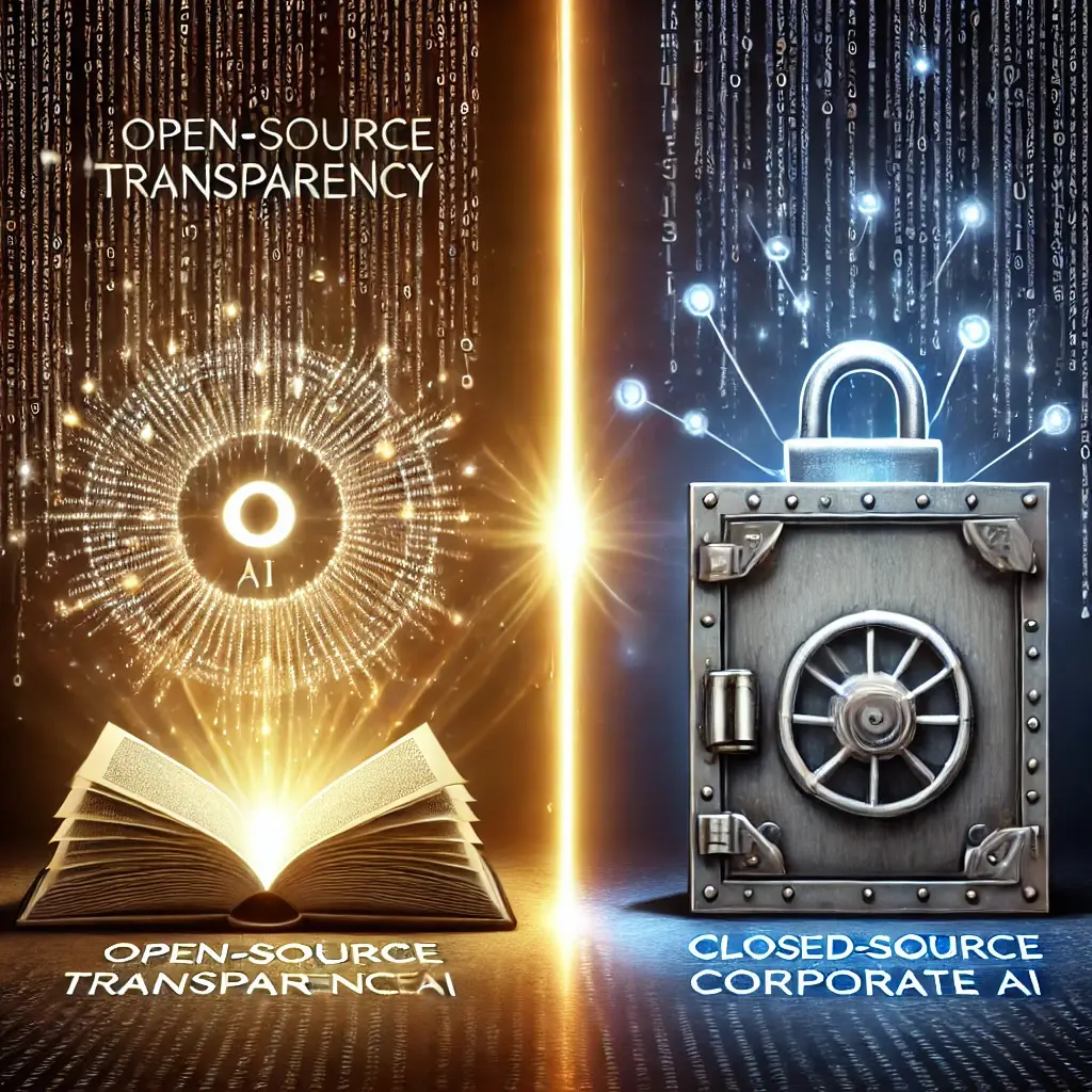 An abstract image contrasting open-source transparency with corporate secrecy