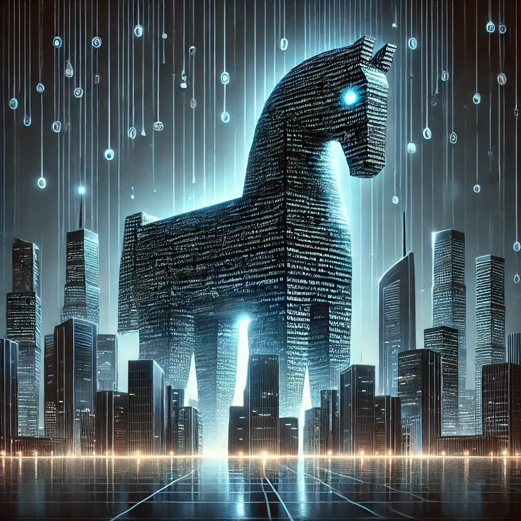 A cyberpunk-themed Trojan horse made of digital code looming over a futuristic city.